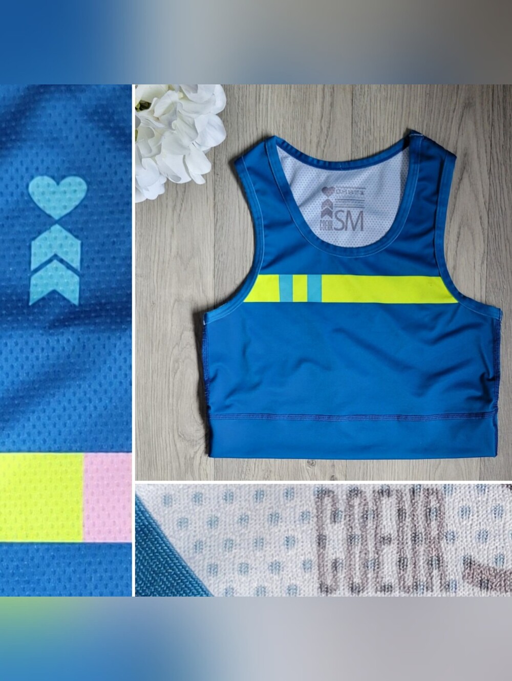 Coeur Sports Run Tech Crop in Flagship Blue & Yellow Racerback Sports Bra, Small